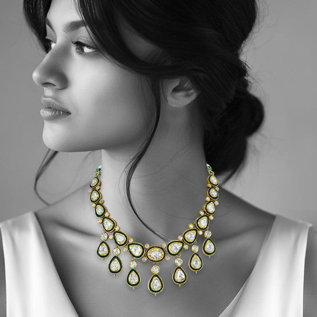 Polki Necklace with Green Enamel Detailing and Bold Design